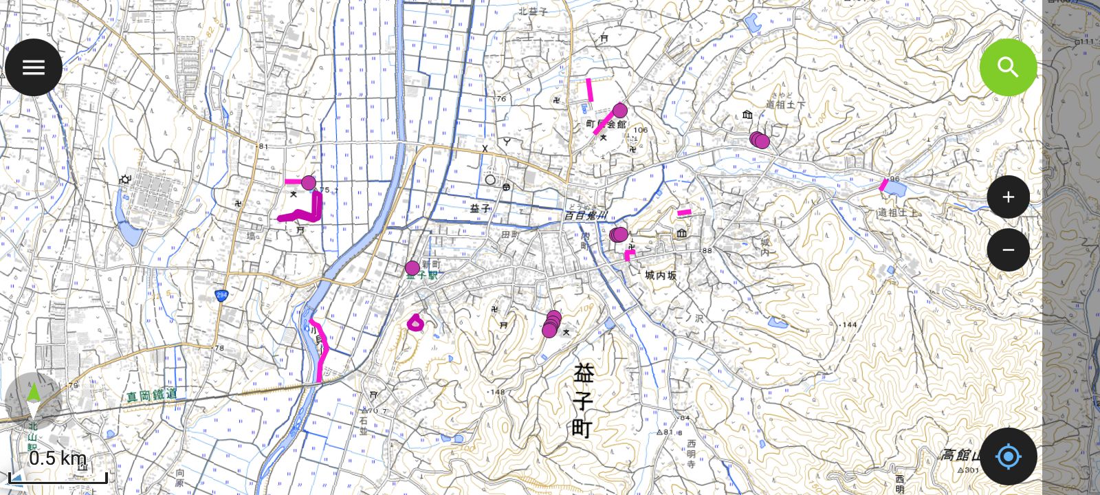 A QField project open (created by processing GSI Tiles from the Geospatial Information Authority of Japan (GSI))