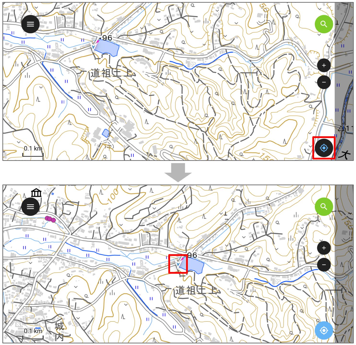 Move the map to the current location (created by processing GSI Tiles)