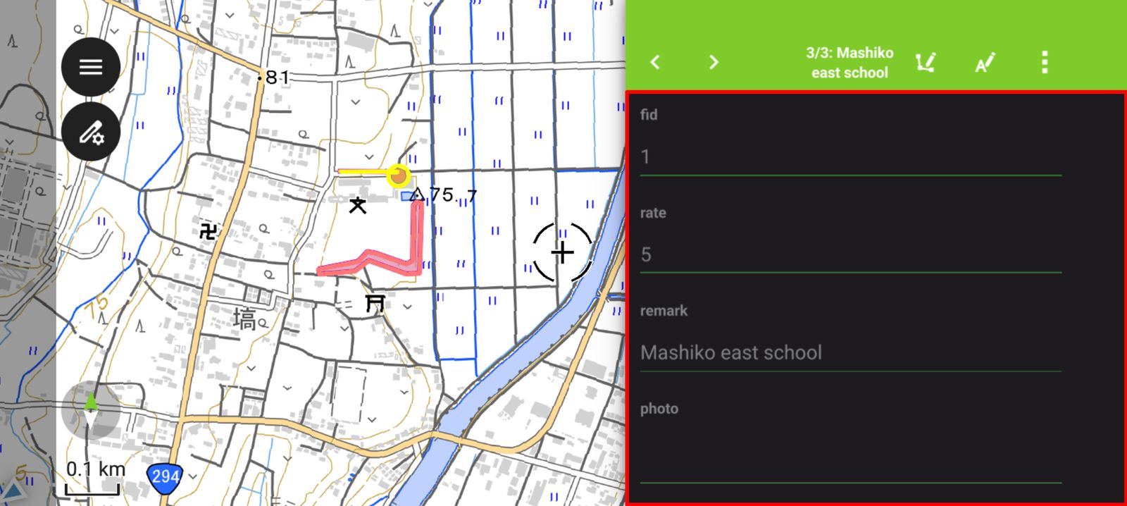 The attributes of the feature appear (created by processing GSI Tiles)
