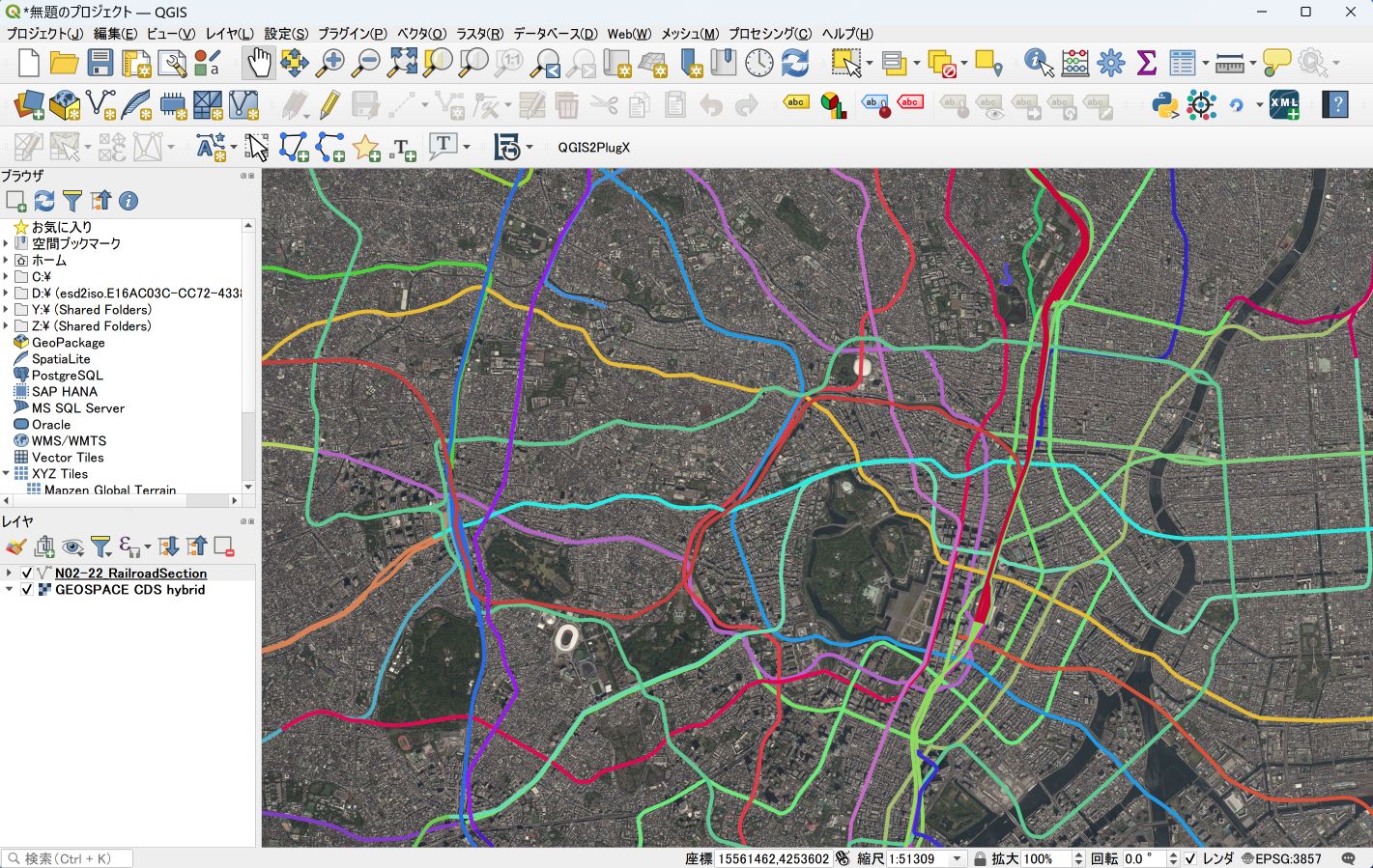 Satellite imagery layered with railway lines