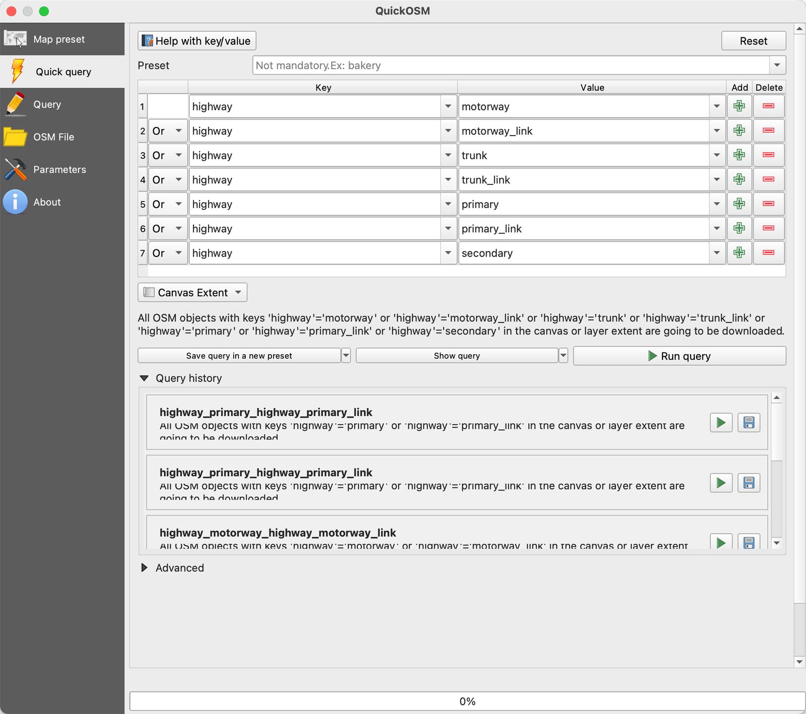 The QuickOSM dialog