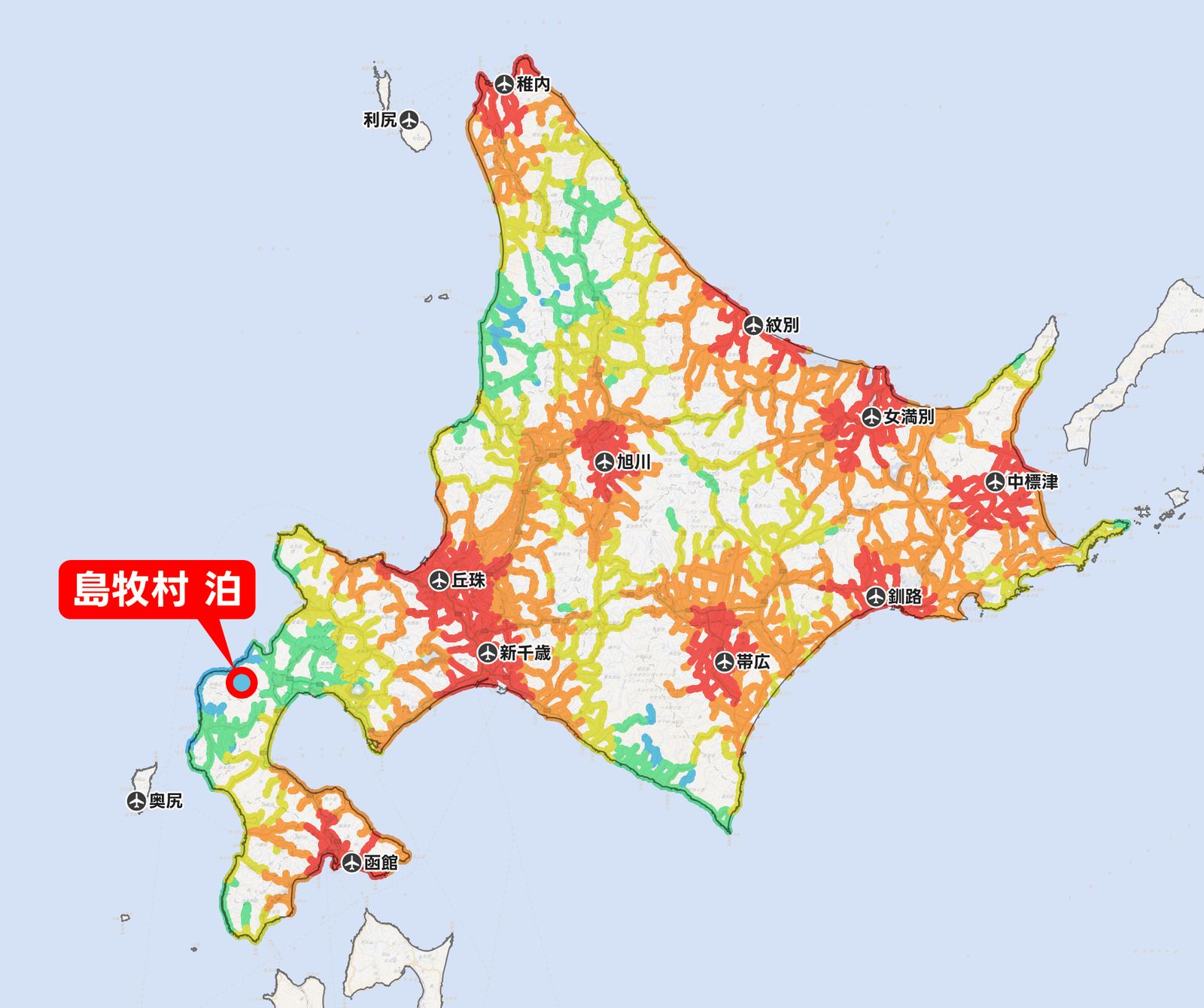 The point in Hokkaido farthest from an airport is “Tomari, Shimamaki Village”