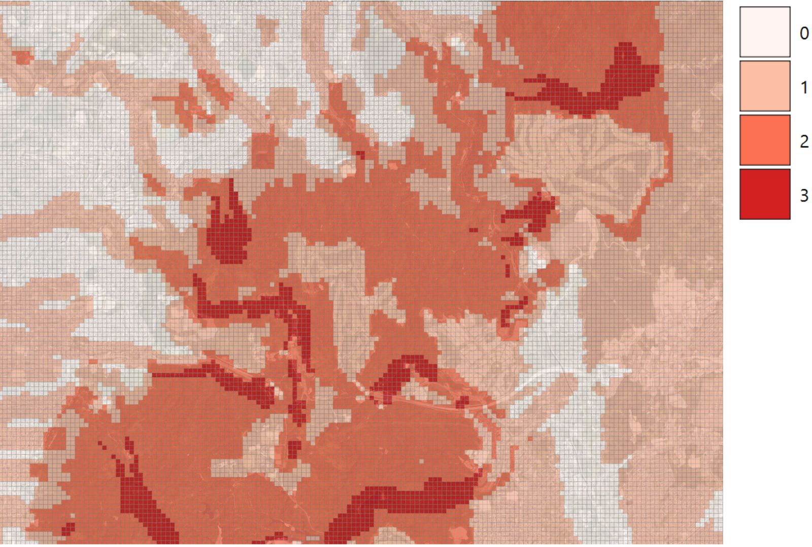 Coloring by total score makes the distribution of suitable habitat easy to see on the map (created over a GSI Tiles background)