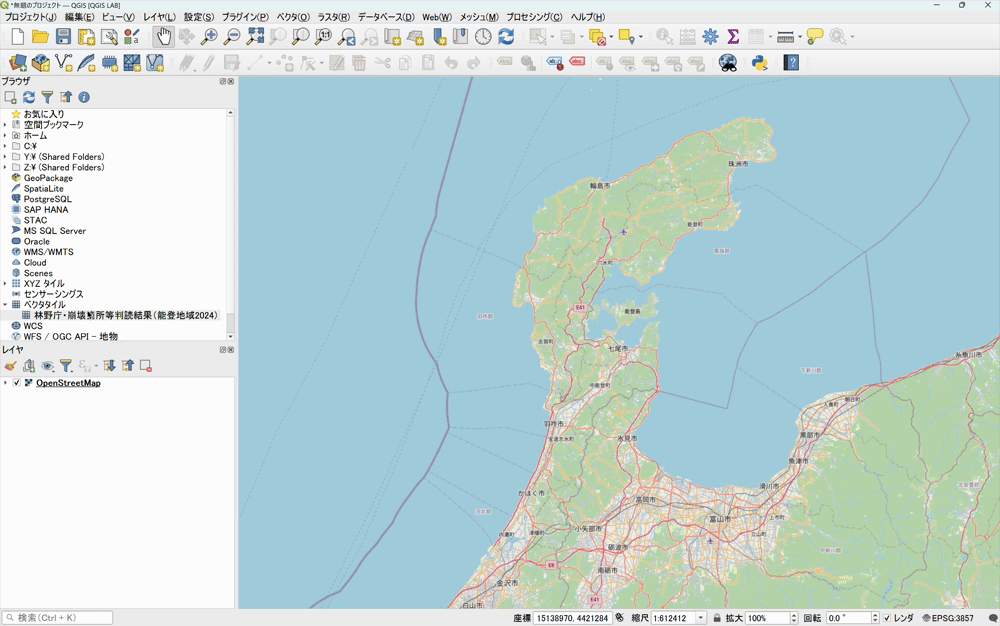 The collapse site interpretation results for the Noto region appear (over an OpenStreetMap background, created by processing “Collapse Site Interpretation Results (Noto Region 2024)” (Forestry Agency) (©︎OpenStreetMap contributors))
