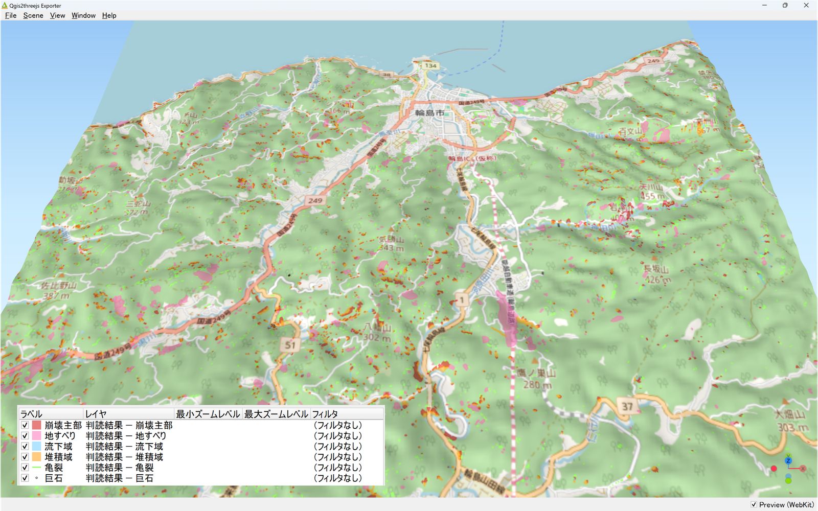 In 3D, the damage that follows the terrain becomes visible (over an OpenStreetMap background, created by processing “Collapse Site Interpretation Results (Noto Region 2024)” (Forestry Agency) (©︎OpenStreetMap contributors))