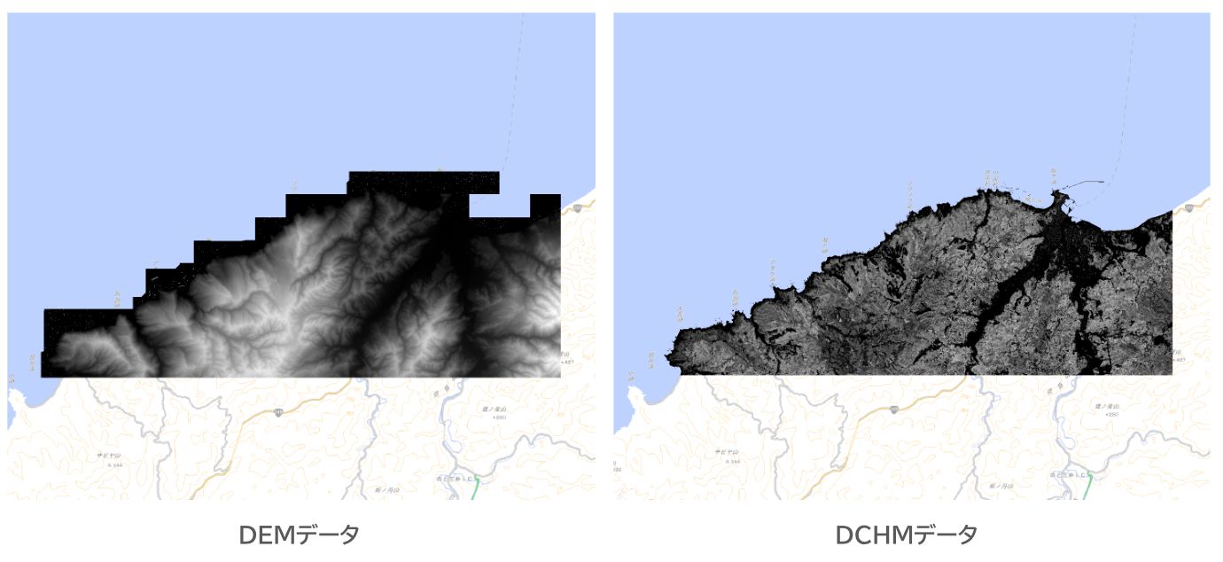 Comparison of the DEM data and DCHM data (over GSI Tiles, created by processing “Digital Elevation Model DEM 0.5m, Digital Elevation Model DCHM 0.5m (Noto Region 2024)” (Forestry Agency))