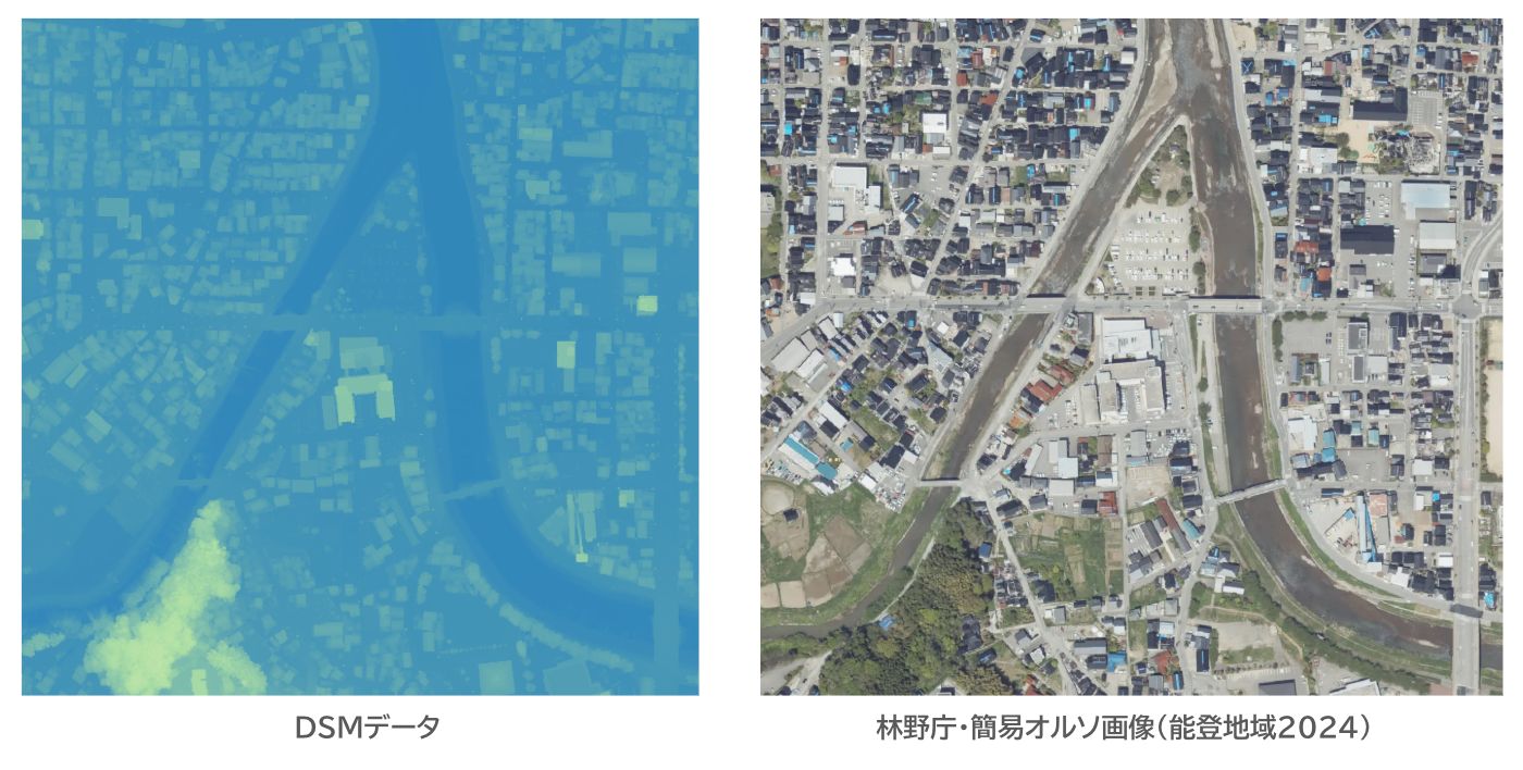 Comparison of the DSM data and the simplified orthophoto (created by processing “Digital Elevation Model DEM 0.5m, Digital Elevation Model DCHM 0.5m, Simplified Orthophoto (Noto Region 2024)” (Forestry Agency))