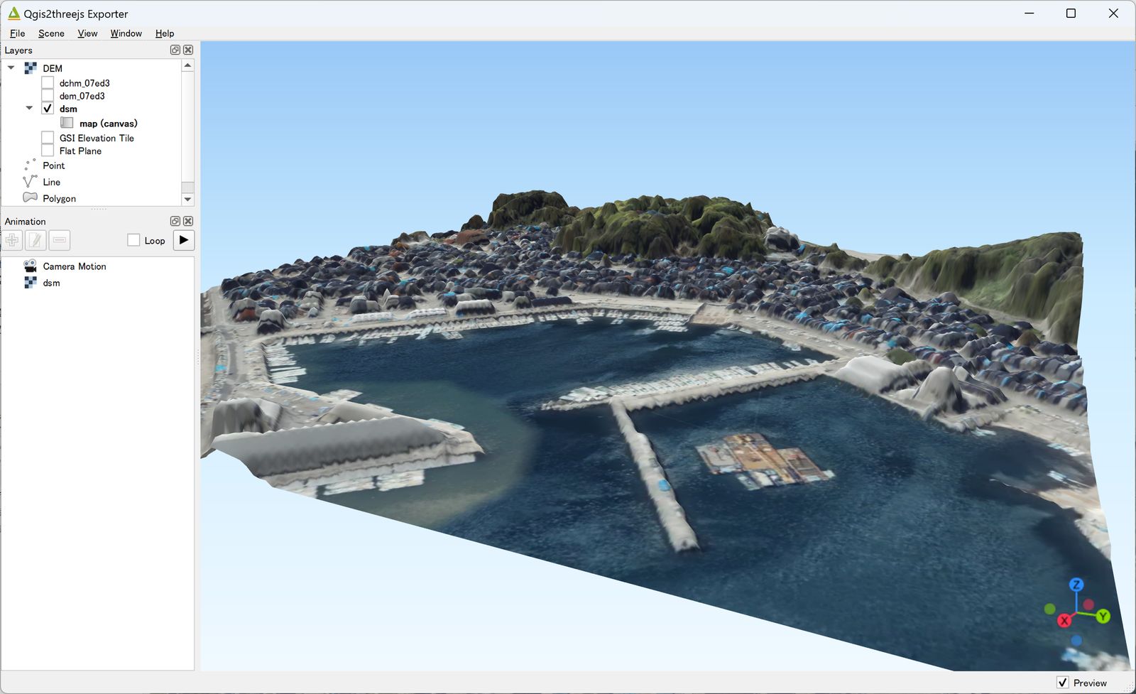 The simplified orthophoto raised by the DSM data in 3D (created by processing “Digital Elevation Model DEM 0.5m, Digital Elevation Model DCHM 0.5m, Simplified Orthophoto (Noto Region 2024)” (Forestry Agency))