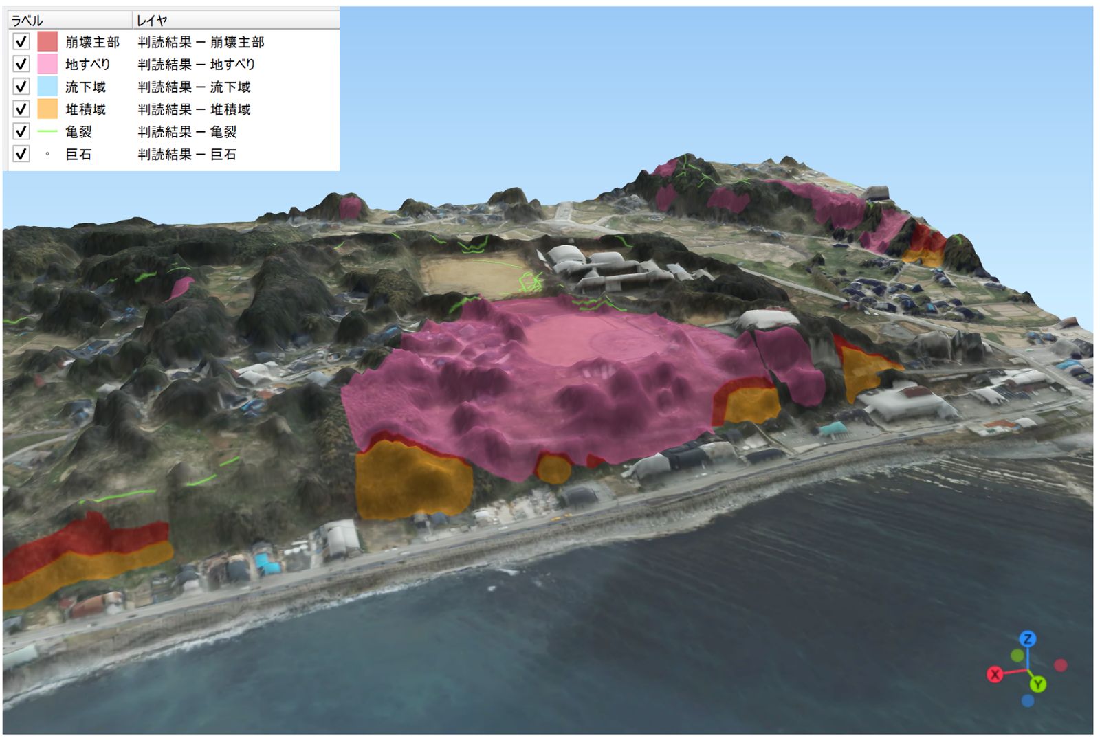 The collapse site interpretation results overlaid on the simplified orthophoto in 3D (created by processing “Digital Elevation Model DEM 0.5m, Digital Elevation Model DCHM 0.5m, Collapse Site Interpretation Results, Simplified Orthophoto (Noto Region 2024)” (Forestry Agency))