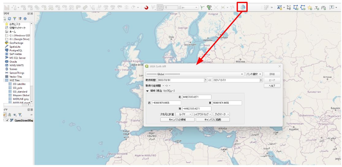 The JAXA Earth API Plugin dialog (basemap: © OpenStreetMap contributors)