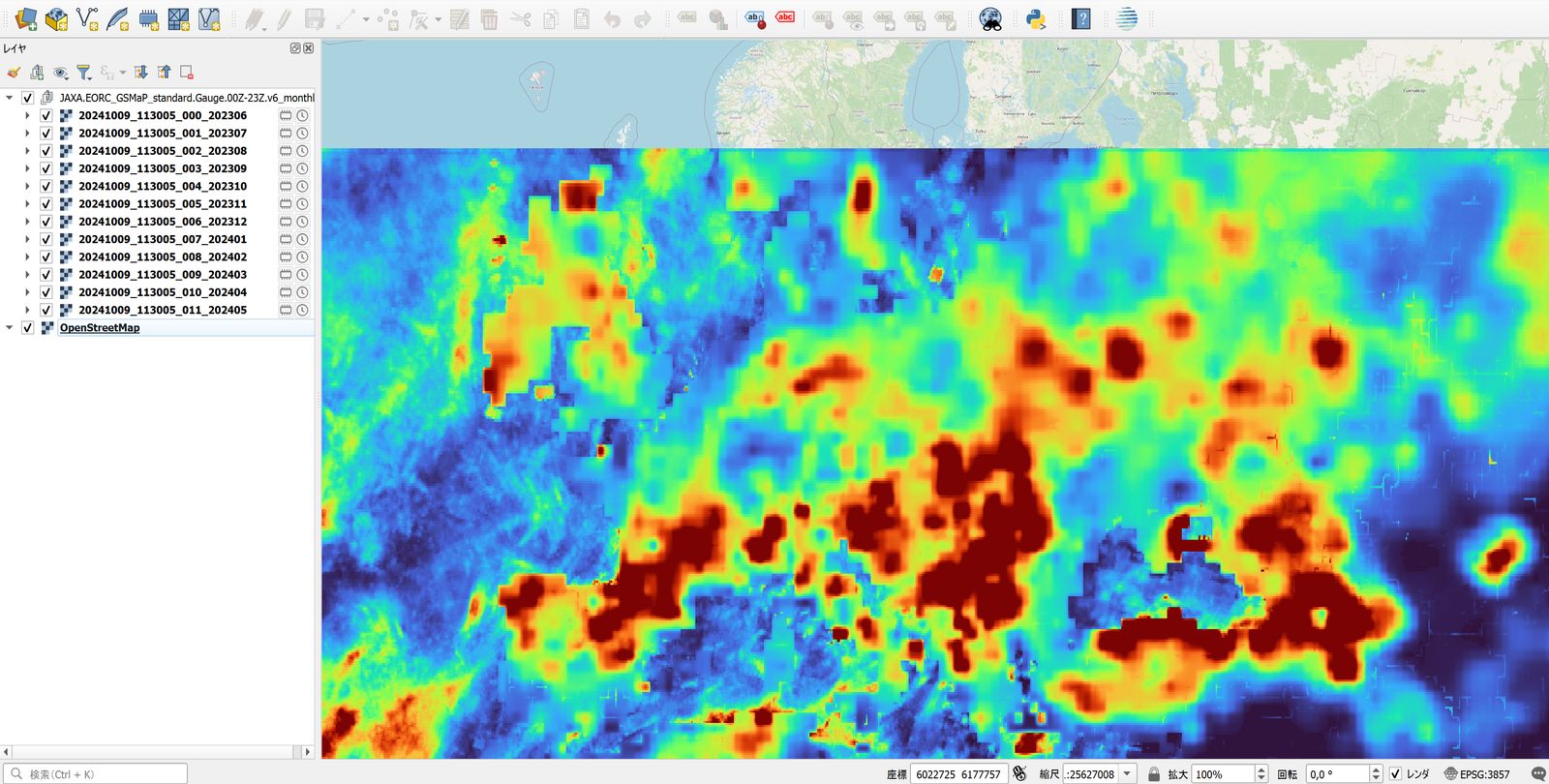 Rainfall in June 2023 (created using JAXA Earth API on an OpenStreetMap basemap, ©OpenStreetMap contributors)