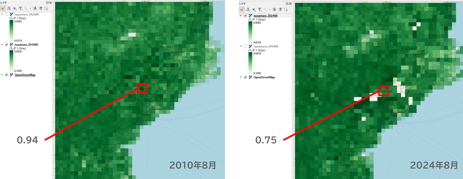 Comparison of the vegetation index around Nusantara, Indonesia, in August 2010 and August 2024 (created using JAXA Earth API on an OpenStreetMap basemap, ©OpenStreetMap contributors)