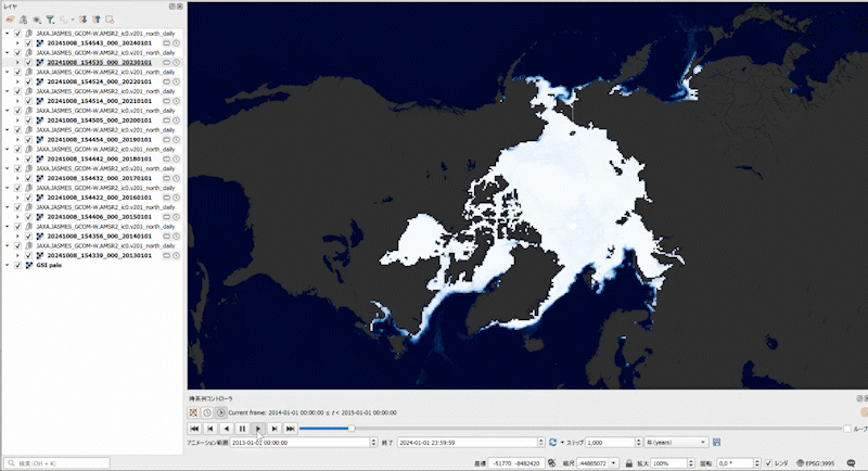 Year-by-year changes in sea ice concentration (created using JAXA Earth API on a basemap of GSI Tiles)