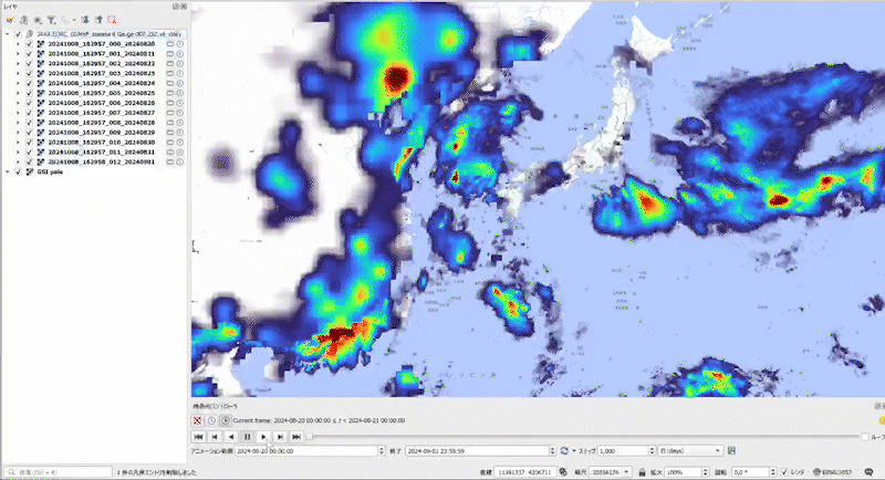 2024年台風10号による降雨量(地理院タイルを背景に、JAXA Earth APIを利用して作成)