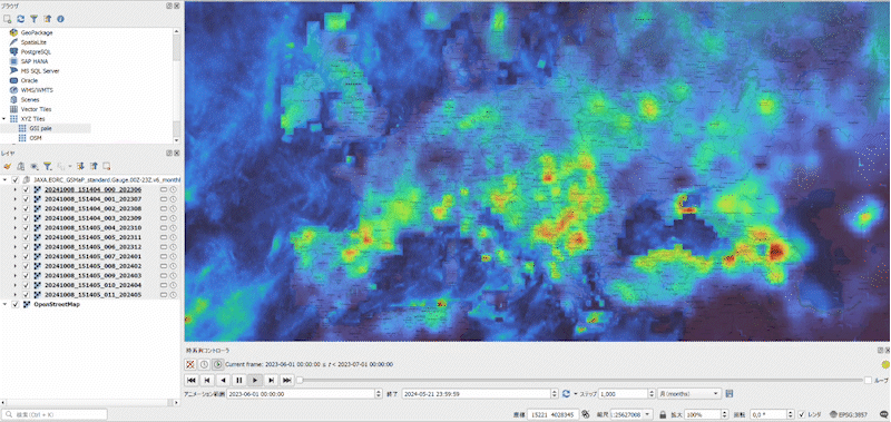 時系列の設定結果(OpenStreetMapを背景に、JAXA Earth APIを利用して作成(©OpenStreetMap contributors))