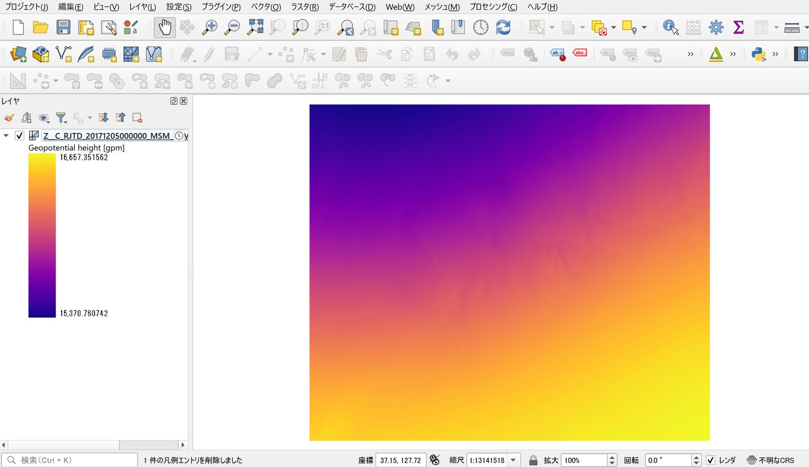 The data added to QGIS as a mesh layer (created by processing Meso-Scale Model GPV from the Japan Meteorological Agency)