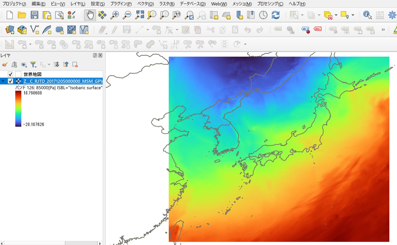 The map after coloring (created by processing Meso-Scale Model GPV from the Japan Meteorological Agency)