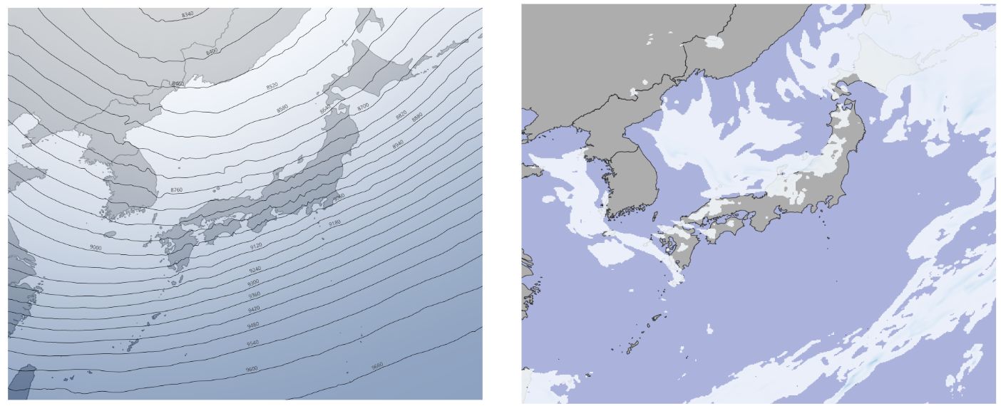 Height of the 300 hPa level (left) and surface precipitation (right) (created by processing Meso-Scale Model GPV from the Japan Meteorological Agency)