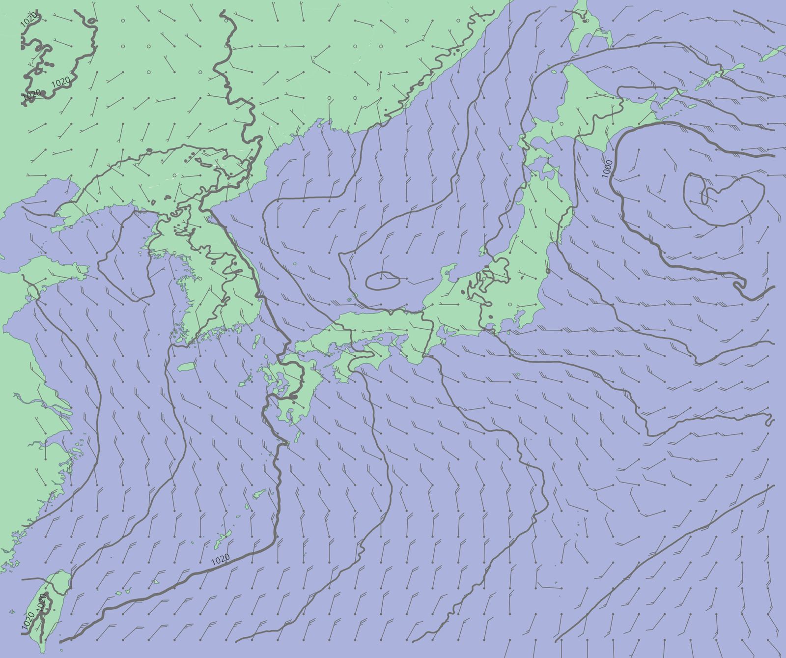 Wind barbs showing wind direction and speed (created by processing Meso-Scale Model GPV from the Japan Meteorological Agency)