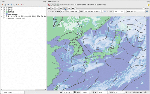 Animation of surface pressure and cloud cover (created by processing Meso-Scale Model GPV from the Japan Meteorological Agency)