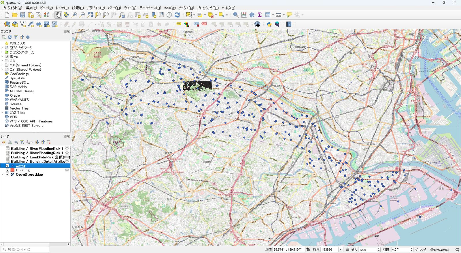 The “emergency water supply points” layer for Kawasaki City was added, shown over an OpenStreetMap background. Created by processing and modifying “3D City Model Kawasaki City (Fiscal Year 2022) Data (Ministry of Land, Infrastructure, Transport and Tourism)” and “List of Emergency Water Supply Points (Kawasaki City, Creative Commons Attribution 2.1 Japan)”. © OpenStreetMap contributors