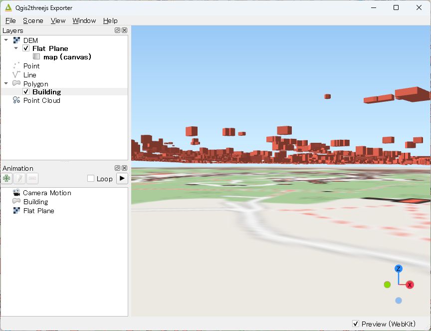 Seen from the side, the buildings float in the air, shown over an OpenStreetMap background. Created by processing “3D City Model Kawasaki City (Fiscal Year 2022) Data (Ministry of Land, Infrastructure, Transport and Tourism)”. © OpenStreetMap contributors