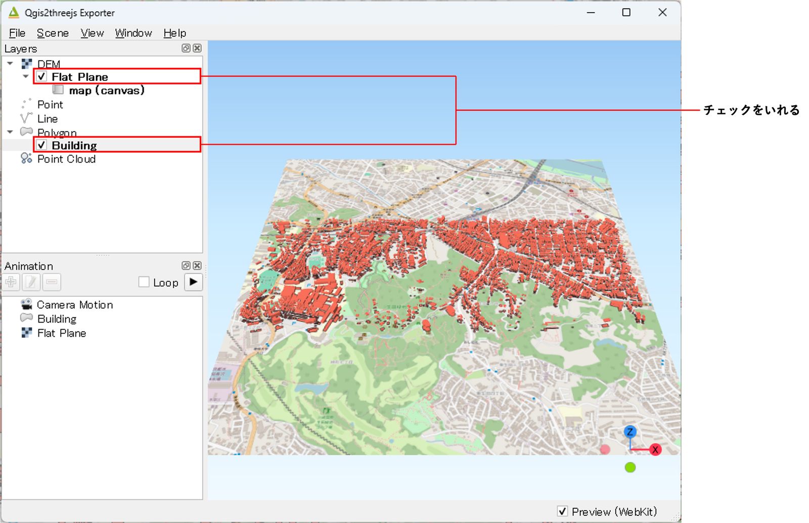 Select the Flat Plane and Building checkboxes, shown over an OpenStreetMap background. Created by processing “3D City Model Kawasaki City (Fiscal Year 2022) Data (Ministry of Land, Infrastructure, Transport and Tourism)”. © OpenStreetMap contributors