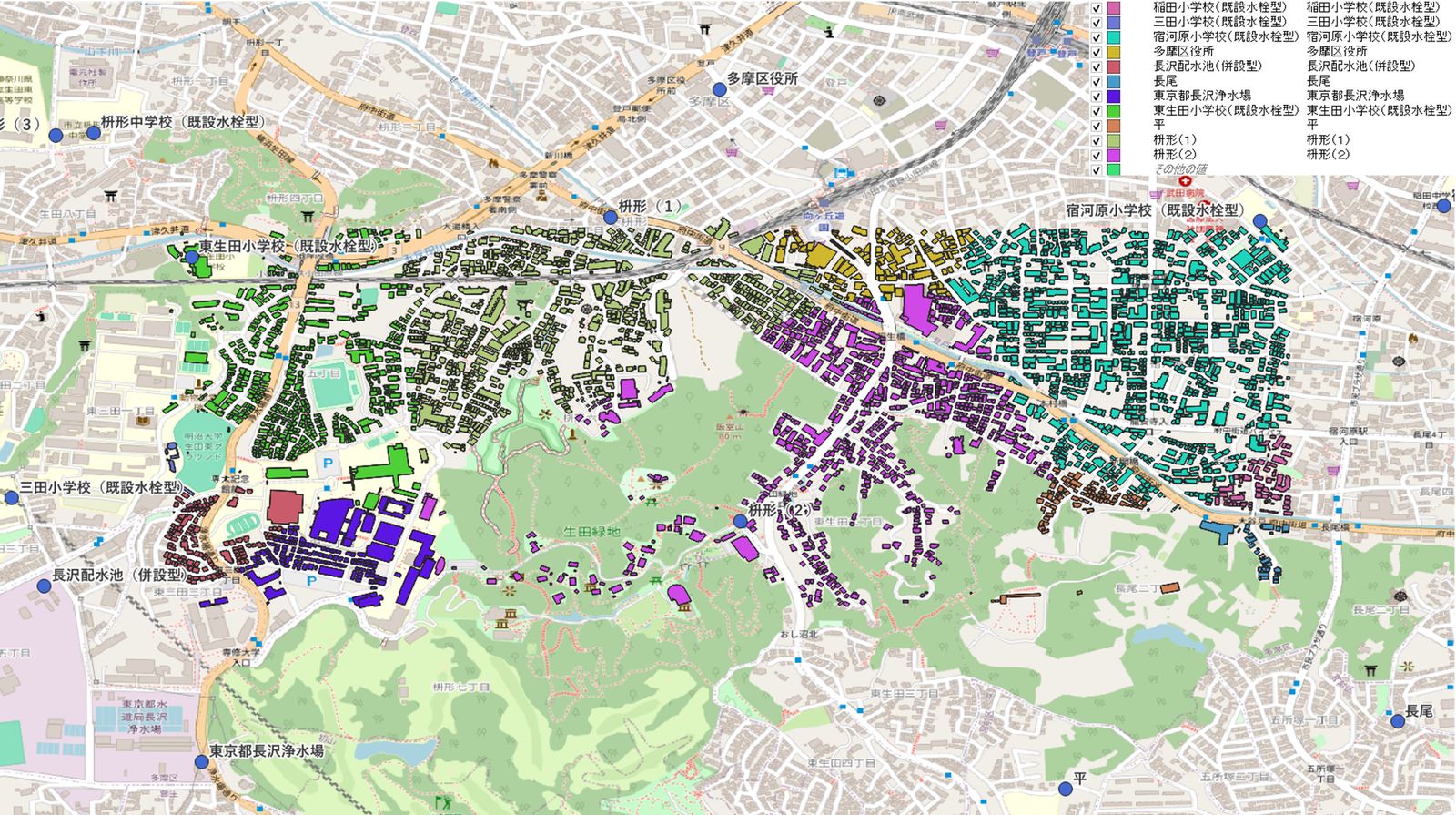 The Buildings layer was colored by the nearest emergency water supply point, shown over an OpenStreetMap background. Created by processing and modifying “3D City Model Kawasaki City (Fiscal Year 2022) Data (Ministry of Land, Infrastructure, Transport and Tourism)” and “List of Emergency Water Supply Points (Kawasaki City, Creative Commons Attribution 2.1 Japan)”. © OpenStreetMap contributors