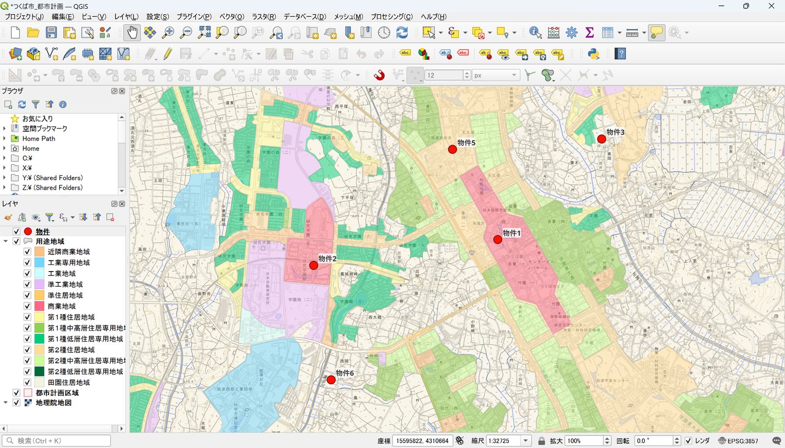 Use district polygons color-coded, with property points (dummy data) overlaid