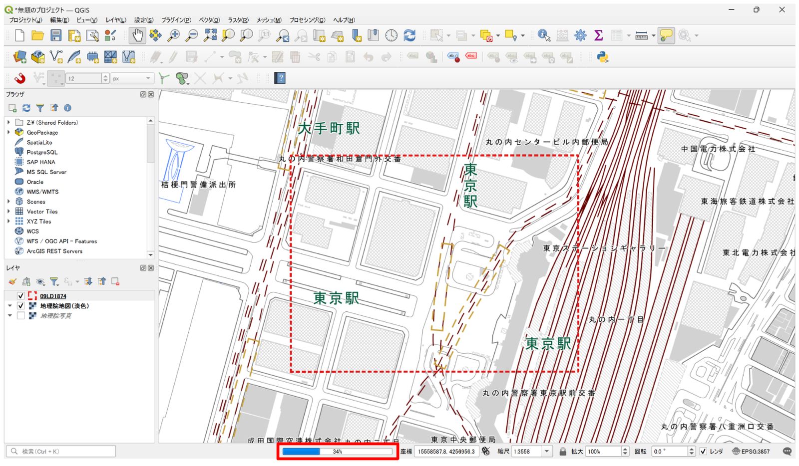 A red frame showing the extent of the data appears after adding the point cloud data. Created with GSI Tiles (Geospatial Information Authority of Japan) as the background