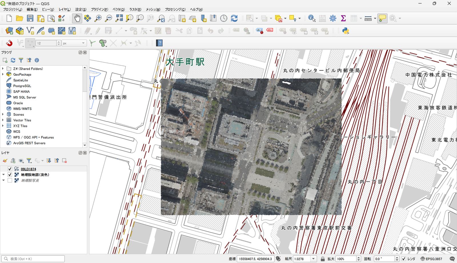 The point cloud data displayed. Created by processing point cloud data (Tokyo Digital Twin Realization Project) over a GSI Tiles background