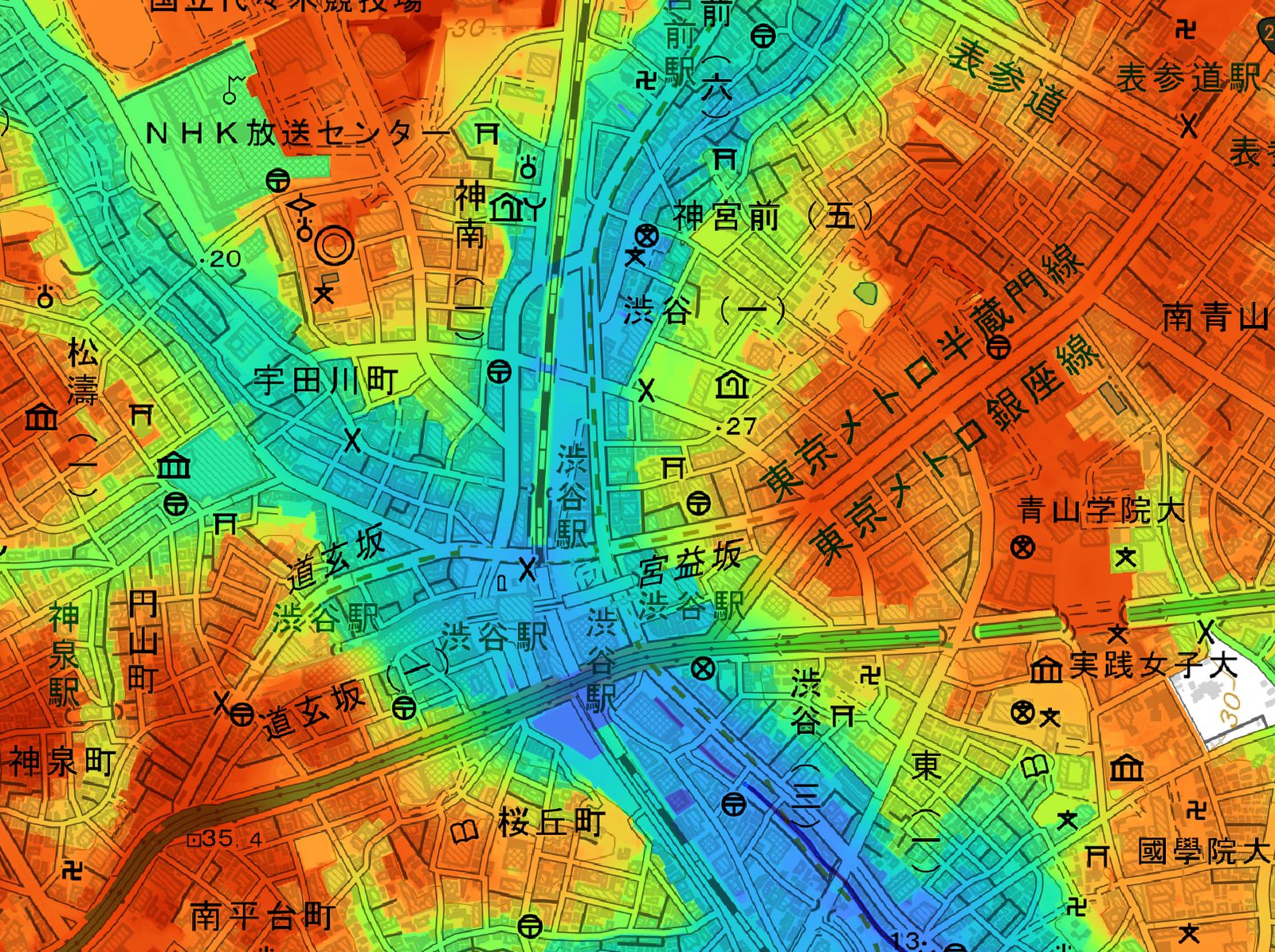 DEM data near Shibuya Station displayed in color. Created by processing DEM data (Tokyo Digital Twin Realization Project)