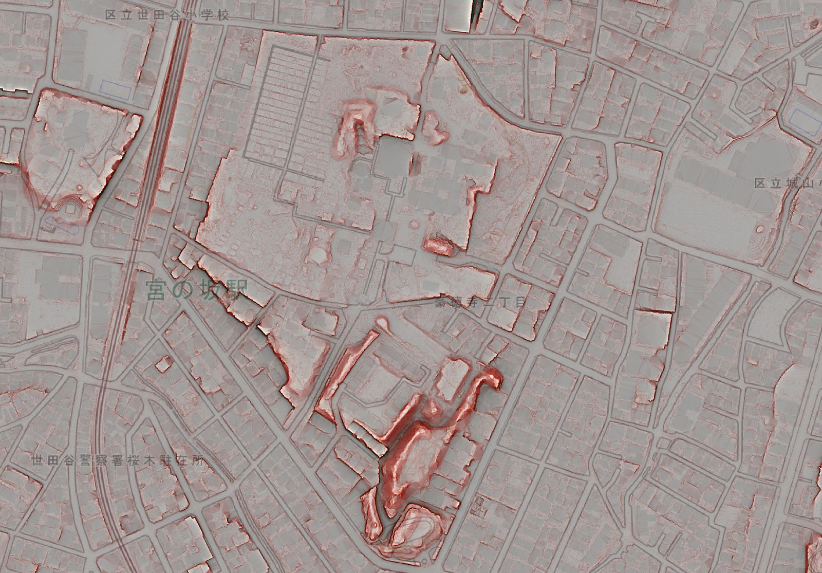 Red relief image map near the Setagaya Castle Ruins. Created by overlaying a red relief image map (Tokyo Digital Twin Realization Project) on a GSI Tiles background