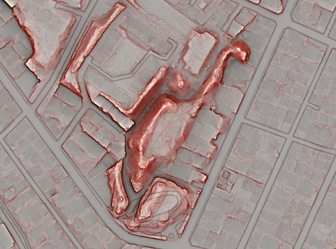 Red relief image map near Setagaya Castle Ruins Park. Created by overlaying a red relief image map (Tokyo Digital Twin Realization Project) on a GSI Tiles background