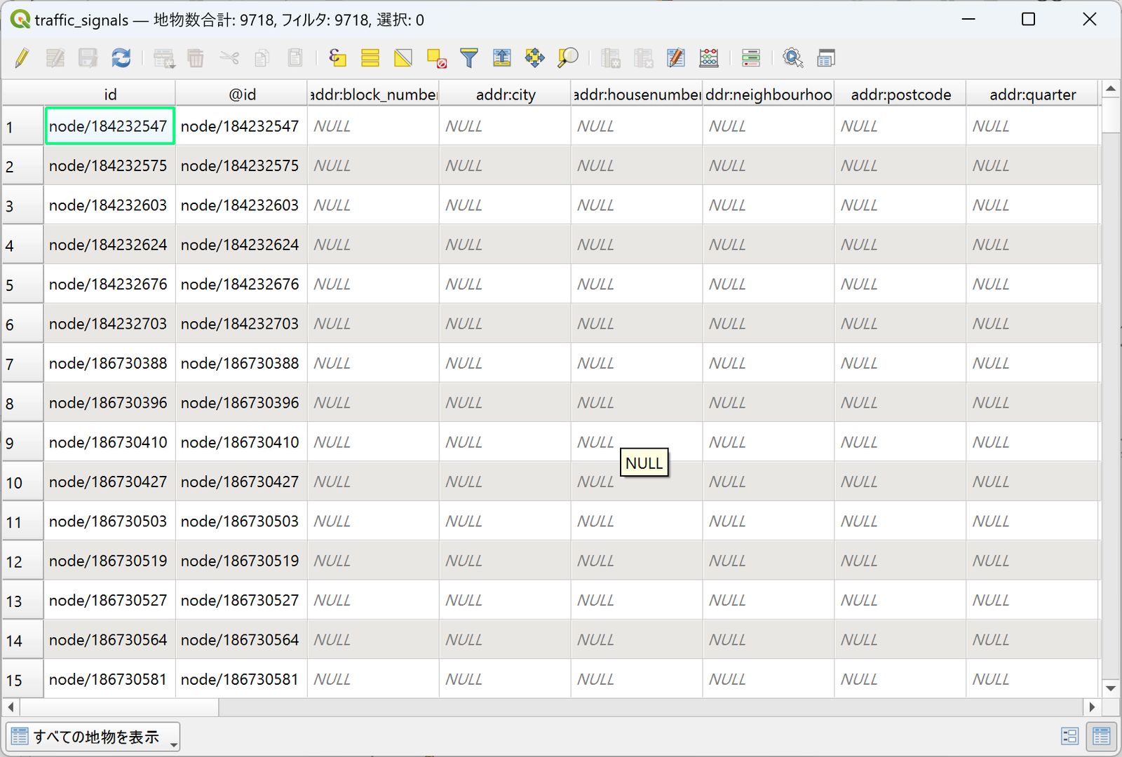 Attribute table of the traffic signal data